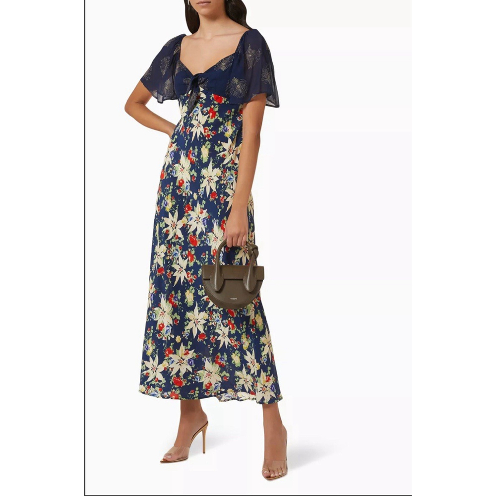 RIXO Paltrow Glittered Chiffon Silk Floral Print Silk Crepe Maxi Dress Navy US 4